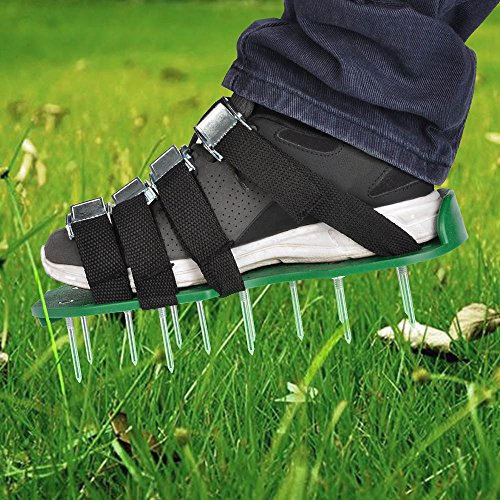DEKOMORE Rasenlüfter Schuhe 4 Verstellbare Gurte, Rasenbelüfter Nagelschuhe mit 5 CM Nägel, für Garten Hof,1 Paar ,Grün