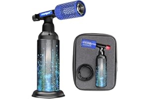 HOSECES Blue Butane Torch Lighter with Anti-Burn Stainless Steel Protective Cover,Refillable Gas Kitchen Butane Blow Torch,Adjustable Flame Guard with Case(Gas Not Included) (Blue-Stainless Steel)