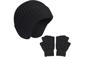 CHROMACRAFT 1 berretto lavorato a maglia con 1 guanto a mezza dita, caldo berretto per le orecchie portatile, caldo berretto sportivo per attività all'aria aperta (nero)