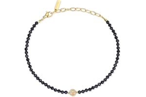 COAI Tobillera Minimalista para Mujer con Cuentas Facetadas de Turmalina Negra y Cristales Naturales, Tobillera para Mujer de Turmalina Negra