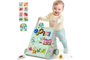 TERRAMUS Wooden Baby Walker, Dinosaur Toddler Push Walker, Montessori Learning Activity Center for Boys Girls, Develops Motor Skills Sit-to-Stand Toys Multifunctional Educational Gifts for Kids Infant