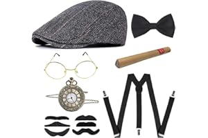 Cckuu 1920s Men Costume Fancy Dress Accessories Set Roaring Retro Gatsby Gangster Costume, Hat, Tie,Tie Clips,Pocket Watch, Suspender, Glasses, Beard, Armband Garters