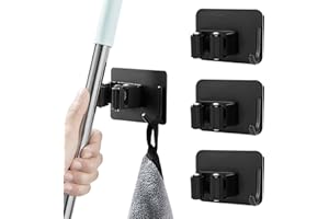 Larkumio Colgador Escobas y Fregonas, 4 Piezas Soporte Escobas Pared Acero Inoxidable Autoadhesivo, Ganchos para Colgar Escobas para Baño, Cocina, Jardín, Garaje, Armario (Negro)