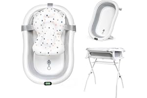 moovkee. Baignoire Bebe avec Support 80cm - Gris Baignoire Pliable Bébé sur Pied - Sécurisée et Confortable Bassine Pliable Bebe avec Thermomètre et Coussin de Bain