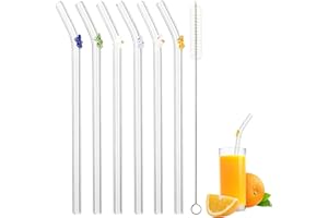 VVHIPPO Pajitas Cristal, 6 Piezas Flores Pajitas Reutilizables con 2 Cepillos de Limpieza, Sin BPA, Seguridad para Lavavajillas, Durable Pajitas de Vidrio Transparentes para Zumos Leche Batidos Cocteles