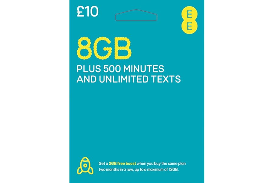 EE PAYG £10 Data Sim Includes £10 pre-paid credit, 8GB Data, 500 Minutes and Unlimited Texts (EE £10-8GB)