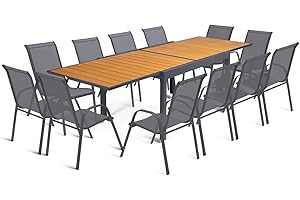 IDMarket - Salon de Jardin Poly Extensible Table 135-270 CM et 12 chaises Bois et Gris foncé