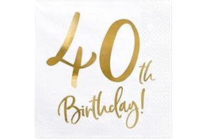 PARTYDECO 40th Birthday Napkins 33 x 33 cm 3-Ply Pack of 20 Paper Napkins Served for Birthday and Party White Gold Printed