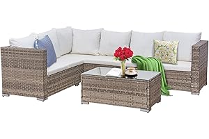 AFURNI 3 Piece Outdoor Rattan Corner Sofa Set,6 Seater Grey Garden Furniture with Big Glass Coffee Table, White Cushions