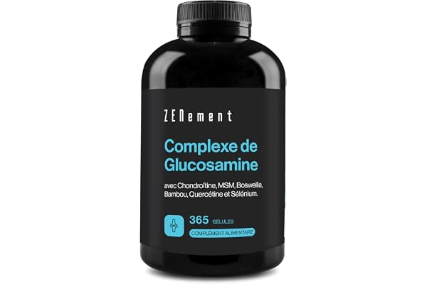 Complexe de Glucosamine avec Chondroïtine, MSM, Boswellia, Bambou, Quercétine et Sélénium - 365 Gélules, Formule en Gélules - Sans Additifs, Sans OGM - Zenement