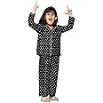 mininest Unisex Rayon Full Sleeves Polka Dots Printed Night Sleepwear Suit Pajama Set Comfortable Soft With Front Button & Elastic Pajama Regular Night Dress For Kids (Blk 3-4 Year)