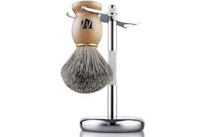 Miusco naturale Badger Capelli bagnati Pennello da barba e da barba Montaggio Stand, Cromo, Argentato, compatibile con rasoio di sicurezza, cartuccia Razor e getta Razor