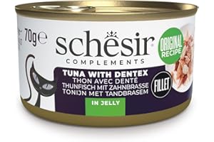 Schesir, Filetes de Atún con Merluza en Gelatina, Comida Húmeda Complementaria para Gatos, en Latas, Receta Original, 100% Natural, 12 x 70g
