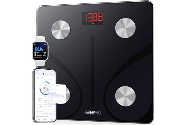 RENPHO Balance Pese Personne, Pese Personnes en Verre Trempé, Bluetooth, Max. 180 kg, Balance Connectée avec 13 Données Corporelles (IMC/graisse corporelle/masse osseuse/BMR/muscle/eau), Elis 1