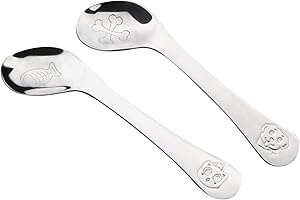 Cucharas Bebe, Ruspela Cucharas de bebé Bebe Entrenamiento de Alimentación 2 unids cuchara curvada del bebé de acero inoxidable auto alimentación cuchara para diestros bebés niños pequeños