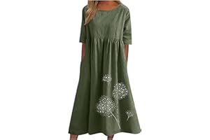 Zeiayuas Cotton Linen Dresses for Women T Shirts Summer Midi Dress Short Sleeve Round Neck Long Dress Ladies Beach Loose Solid Color Casual Dresses UK Plus Size 8-22