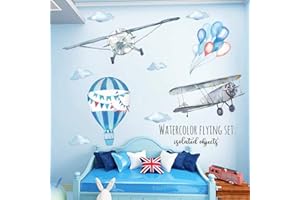 WandSticker4U®- Pegatinas de pared niños AVIÓN Y GLOBO AEROSTÁTICO (82 x 71 cm) I globos nubes cielo volar acuarela I adhesivos pared decorativos habitación infantiles niños niña bebé