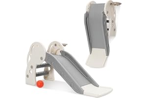 ‎ARK MIIDO Rutsche Indoor Outdoor für Kinder, Kinderrutsche Faltbare mit Basketballkorb, Gartenrutsche Kleinkinderrutsche, Kinder Rutsche ab 1 2 3 Jahre (Basketball – Grau)