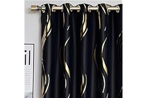 MYRU 2-Panel Luxury Blackout Curtains – Striped Black & Gold Design for Bedroom & Living Room (66x90 Inches, Set of 2). Block Light, Reduce Noise, Enhance Décor.