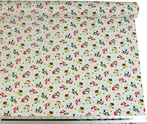 Kids Christmas Owls Red Green White 100% Cotton Sold by the Metre