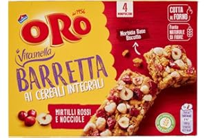 Oro Saiwa, Barretta ai Cereali Integrali con Mirtilli Rossi e Nocciole, Cotto al Forno, Fonte Naturale di Fibre, 4x40g