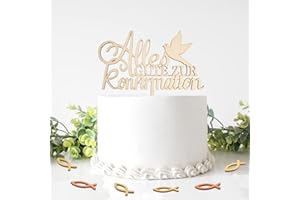 HOECMRHP Alles Gute zur Konfirmation Cake Topper mit 30 Pcs Holz Fische Streudeko - für die Torte zur Konfirmation - Tortenstecker Holz - Kommunion Torten Topper Dekoration 18X16CM (Holz)