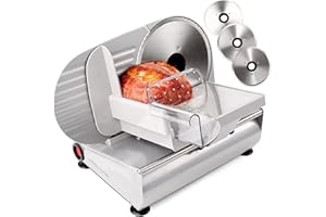 Andrew James Meat Deli Slicer Electric Cutter for Bread Meat Cheese & Other Food | 3 Interchangeable 19cm Blades | Plastic Pusher Blade Guard | Non-Slip Feet | 150W