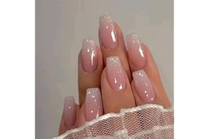 ANGWIS 24pcs Coffin False Nails Medium Length, Ombre Stick on Nails Glitter Pink Press Nails Ballerina Fake Nails Removable Glue-on Acrylic Full Cover Nails Women Girls Nail Art Accessories