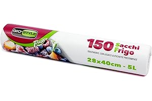 GIO'STYLE 150 sacchetti freezer in rotolo Fresh | 28x40 cm / 5 lt | Ultra resistenza | Etichetta prestampata su ogni sacchetto