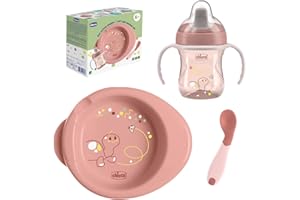 Chicco Set Pappa Completo 6 Mesi+, Tazza Training Cup, Primo Cucchiaio e Piatto Pappa Calda, Kit Svezzamento Antiscivolo, 0% BPA, Rosa, Idea Regalo Bimba