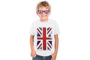 Ficlwigkis Union Jack T Shirt for Kids Boys and Girls with Union Jack Glasses Union Jack Flags Tattoo Stickers Crewneck Short Sleeve for King's Birthday National Day Union Jack Party