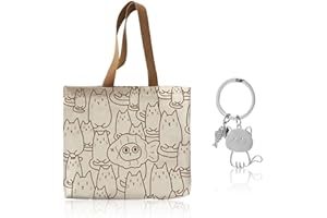 GTYHH 1 Borsa Di Tela Con Motivo Di Gatto E 1 Portachiavi, Borsa Della Shopping Di Grande Capacità, Carina Borsa A Tracolla Pieghevole