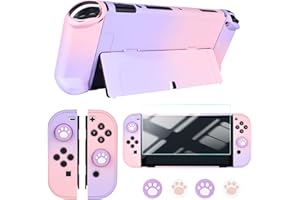 DLseego Funda para Nintendo Switch OLED, Cubierta Protectora Rígida con Absorción de Golpes y Diseño Antiarañazos, Protector de Pantalla y 4 Tapas para Pulgar para Switch OLED 2021 - Rosa+Morado