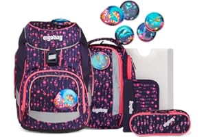 ergobag Set zaino unisex per bambini Prime School, Bermuda quadrati – lilla, taglia unica, Set per la scuola