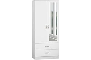 Nera 2 Door Wardrobe with Drawers and Hanging Rail Slim Wardrobes for Small Bedrooms Storage (With Mirror Matt White)