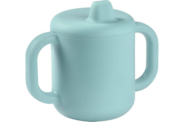 Béaba Tasse d'Apprentissage Bébé, Fonction Biberon/Tasse, 100% Silicone de Haute Qualité, Larges poignées, Facilite la prise en main, Ergonomique, Bec Souple, Blue