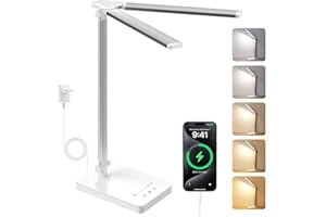 JVURICE Schreibtischlampe LED 15W Dimmbar mit Augenschutz, 5 Farben und 10 Helligkeitsstufen, mit Adapter Ladefunktion Timer-Funktion, Memory Lesemodus Tischlampe für Kinder Schlafzimmer Büro (Weiß)