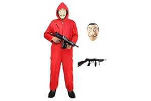 Mrsclaus Bankräuber Kostüm Herren Damen Rot Jumpsuit mit Maske Faschingskostüme Paare Erwachsene Gruppen Partner Kostüme Outfit für Karneval Halloween Party