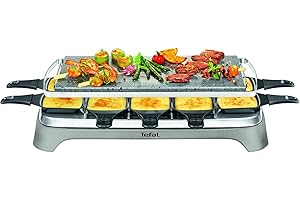 ‎TEFAL Tefal Pierrade Raclette, 1350 Watt, Grill-Platte aus Stein + 10 antihaftbeschichtete Pfännchen, inkl. Schaber, abnehmbares Kabel, grau, PR457B