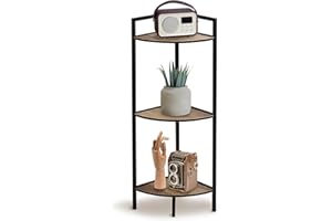 GEEZY 3 Tier Corner Shelf Unit - Brown Oak Finish with Black Metal Frame, Freestanding Storage, Display Stand - Wooden Corner Unit for Living Room, Bedroom, Bathroom, Office, Utility Spaces