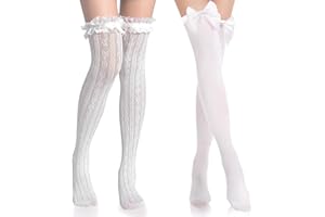 MAKOTO NOBU 2 Paar Lange Schleifenstrümpfe, Overknees Stockings Damen, Satin Bogen Strümpfe Frauen Undurchsichtig, Weiße Kniestrümpfe Thigh Weihnachten Costume Accessoires Highs Kostuem (Weiß Schleife)