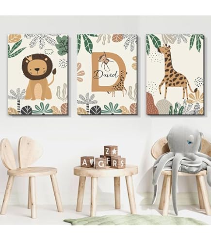 BeiYiHo Affiche Jungle Chambre Bebe Garcon Savane Decoration Tableau Animaux Jungle Safari Enfant Poster Deco Chambre Bébé Vert Toile Sans Cadre