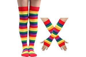 GUTERTOP Regenbogen Kniestrümpfe und Armstulpen Set, Bunte Oberschenkel Hohe Socken Bein Strumpf, Streifen Arm Wärmer Socken Fingerlose Handschuhe Hülsen-Set für Frauen Mädchen Party Stützen