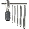 Treki Adjustable T Handle Tap Wrench Set, T-Handle Tap Chuck Holder Wrench with 5pcs Hss Metric Thread Plug Taps M3, M4, M5, M6, M8 Machine Screw Threading Tap Drill Bits for Metal Plastic Wood