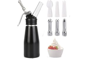 Comforty Sahnespender-Edelstahl 250ML,Edelstahl Sahnesyphon mit 6 Dekorations-Düsen und 1 Reinigungsbürsten, Edelstahl Sahnespender für Cremes und Soßen