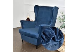 Highdi Wingback Chair Covers 2 Piece Stretch Wing Chair Slipcover, Fashion Solid color Velvet Strandmon Sofa Cover Furniture Protector for Armchair Chairs Living Room Bedroom Hotel (Navy blue)