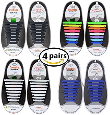 Silicone Laces, No Tie Laces | Flat Elastic Shoe Laces for Trainer, Sports Sneakers Athletic Running Board Boots Shoes and Casual Shoes by NWSS (black-white-color-blue)