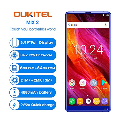 OUKITEL MIX 2 5.99 pollici (rapporto 18: 9) Android 4G Batteria 4080mAh Smartphone Octa Core 2.39GHz 6GB RAM 64GB ROM, 21MP+2MP Samsung Telecamere + 13MP Fotocamere Frontali Cellulari e Smartphone-blu