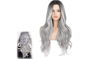 YEAPEAK Parrucche Lunghe Grigio, Parrucca Grigia Da Donna, Lungo Grigio Ombré Parrucca, Parrucca Ombré Grigio Per Le Donne, Parrucche Grigio Argento Capelli Ondulati Alla Moda Per Cosplay, Feste, Halloween
