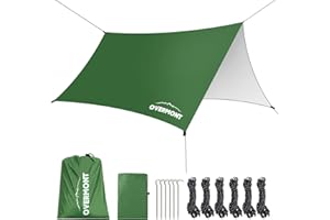 Overmont Bâche Anti-Pluie, 3x3M Anti UV Camping Rain Tarp Toile de Tente avec 6 Piquets et 6 Cordes pour Hamac, Extérieur, Voyage, Pique-Nique Randonnée- Vert